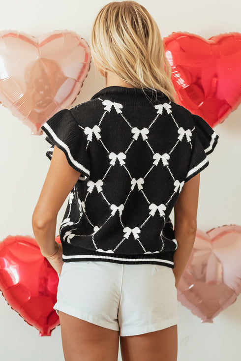 Diamond Bow Print Half Zip Flutter Sleeve Sweater