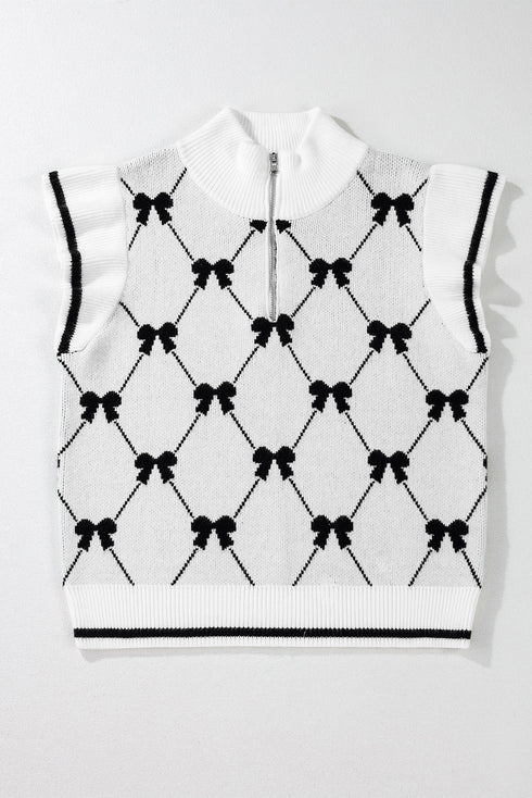 Diamond Bow Print Half Zip Flutter Sleeve Sweater