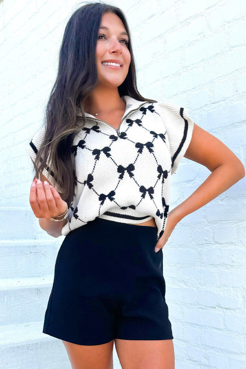 Diamond Bow Print Half Zip Flutter Sleeve Sweater