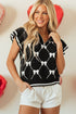 Diamond Bow Print Half Zip Flutter Sleeve Sweater