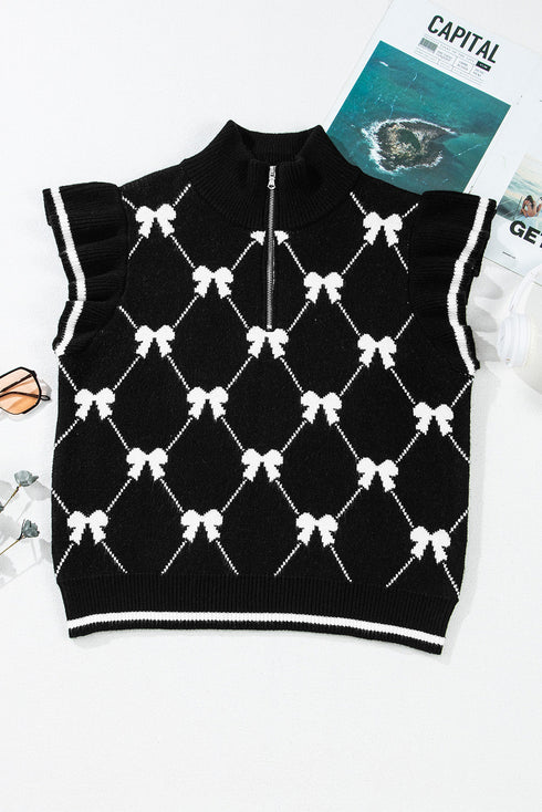 Diamond Bow Print Half Zip Flutter Sleeve Sweater