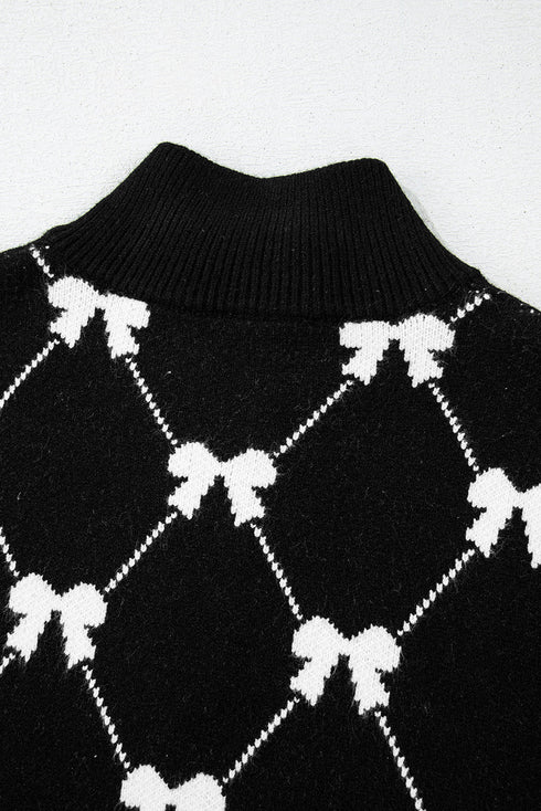 Diamond Bow Print Half Zip Flutter Sleeve Sweater