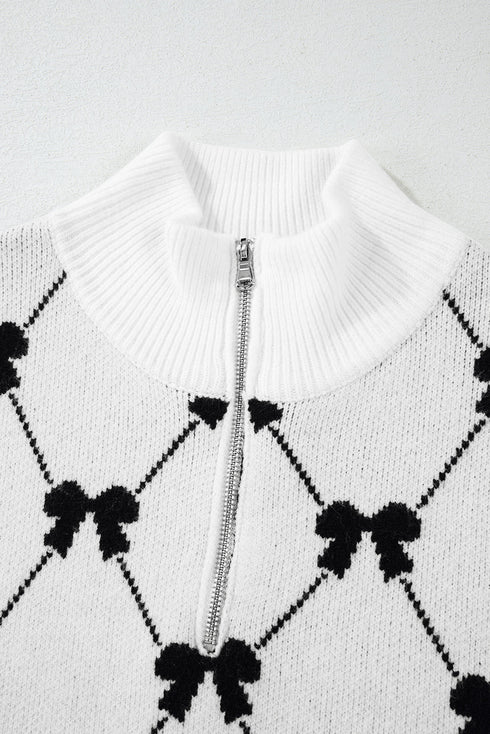Diamond Bow Print Half Zip Flutter Sleeve Sweater