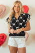 Diamond Bow Print Half Zip Flutter Sleeve Sweater