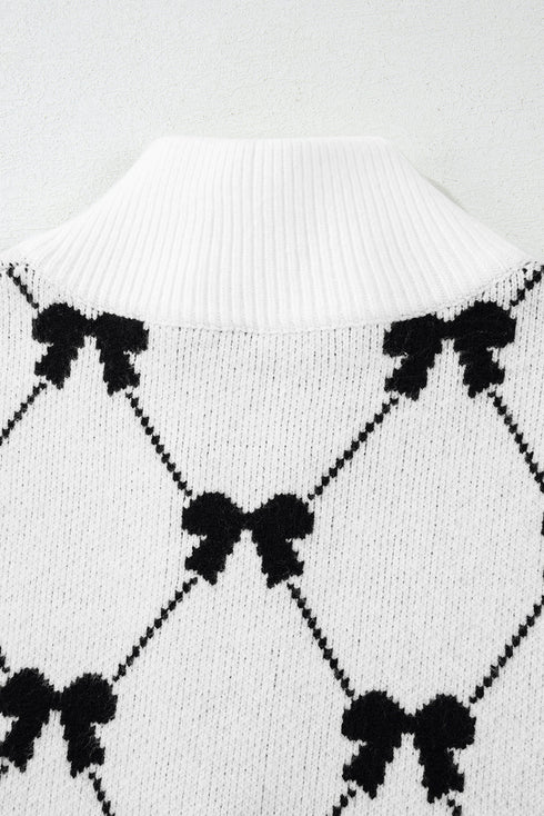 Diamond Bow Print Half Zip Flutter Sleeve Sweater