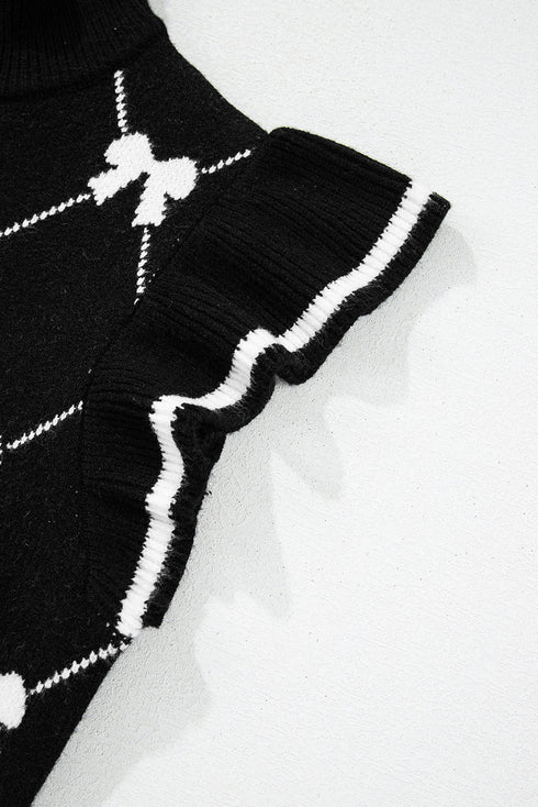 Diamond Bow Print Half Zip Flutter Sleeve Sweater