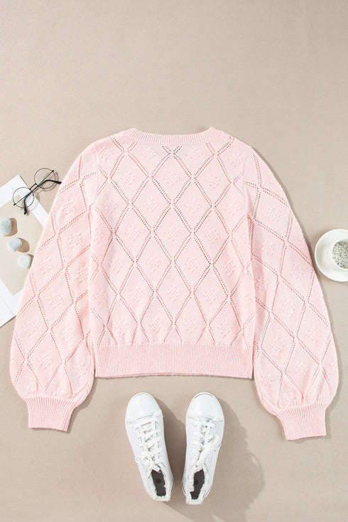 Diamond Pointelle Knit Balloon Sleeve Sweater