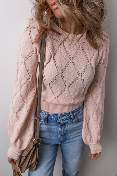 Diamond Pointelle Knit Balloon Sleeve Sweater