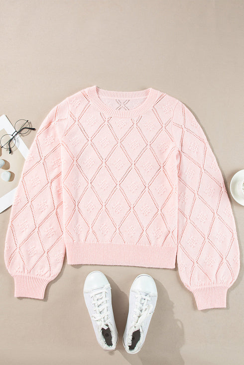 Diamond Pointelle Knit Balloon Sleeve Sweater