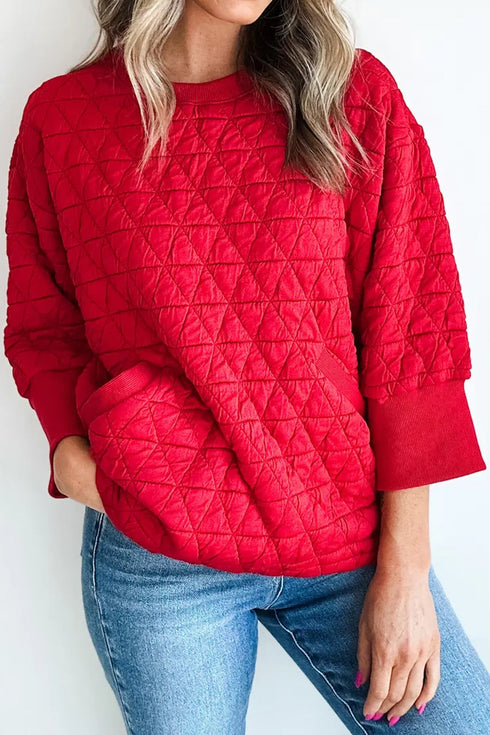Diamond Quilted Pocket Front Three Quarter Sleeve Pullover Top