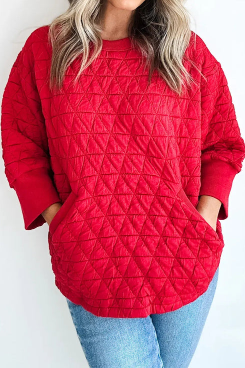 Diamond Quilted Pocket Front Three Quarter Sleeve Pullover Top