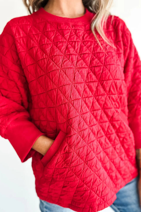 Diamond Quilted Pocket Front Three Quarter Sleeve Pullover Top