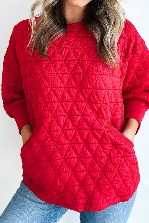 Diamond Quilted Pocket Front Three Quarter Sleeve Pullover Top