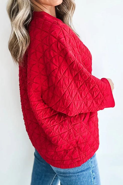 Diamond Quilted Pocket Front Three Quarter Sleeve Pullover Top