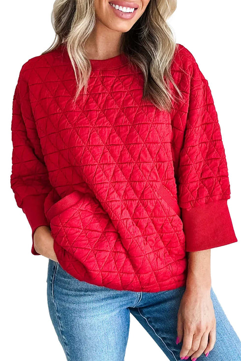 Diamond Quilted Pocket Front Three Quarter Sleeve Pullover Top