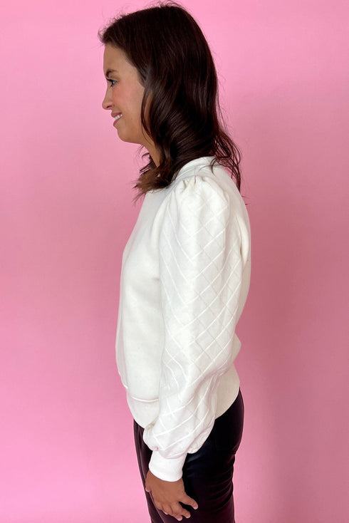 Diamond Quilted Puff Sleeve Crew Neck Sweatshirt