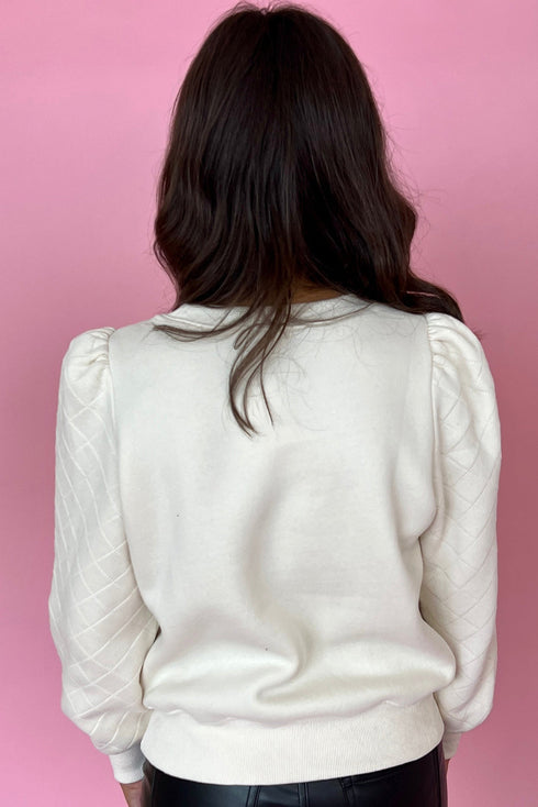 Diamond Quilted Puff Sleeve Crew Neck Sweatshirt