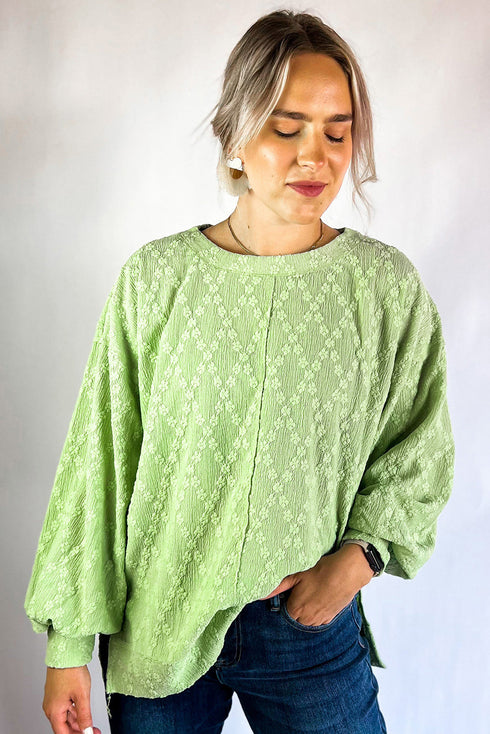 Diamond Texture Drop Shoulder Balloon Sleeve Top