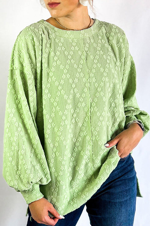 Diamond Texture Drop Shoulder Balloon Sleeve Top
