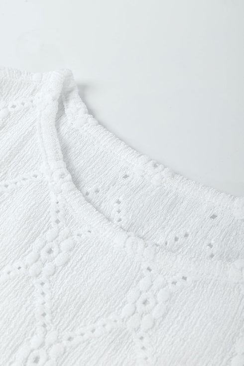 Diamond Texture Eyelet Button Cuff Sleeve Top