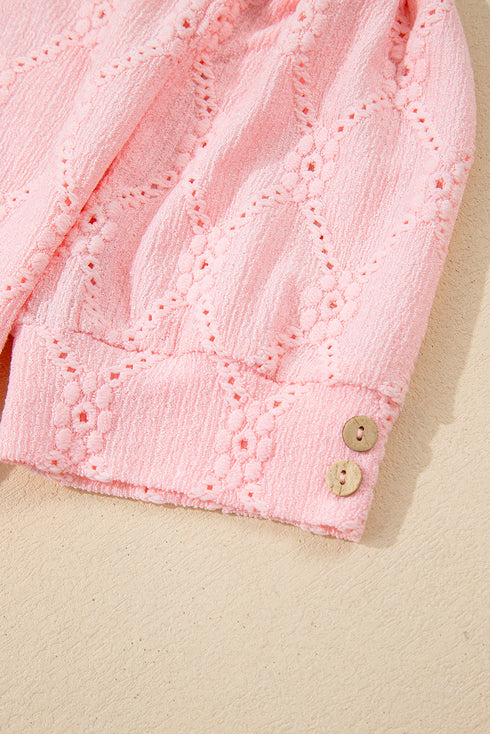 Diamond Texture Eyelet Button Cuff Sleeve Top