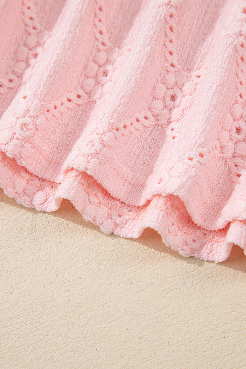 Diamond Texture Eyelet Button Cuff Sleeve Top