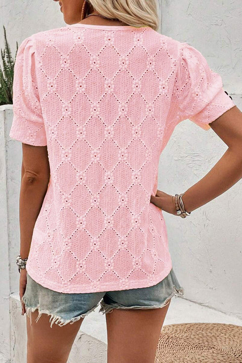 Diamond Texture Eyelet Button Cuff Sleeve Top