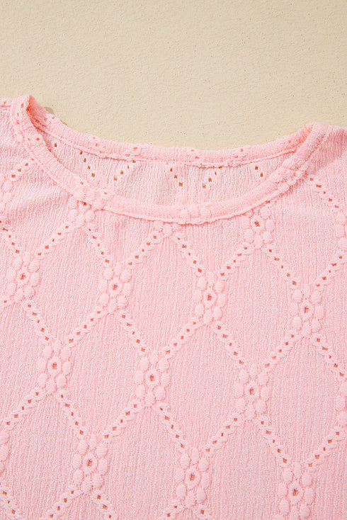 Diamond Texture Eyelet Button Cuff Sleeve Top