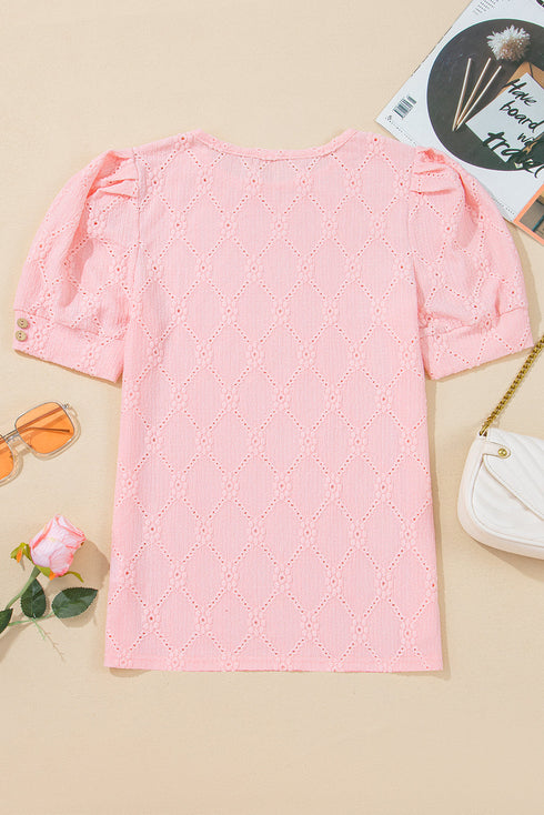 Diamond Texture Eyelet Button Cuff Sleeve Top