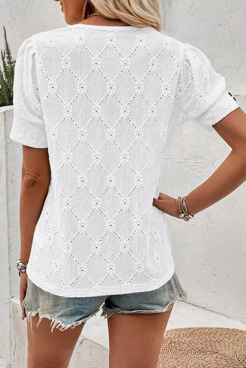 Diamond Texture Eyelet Button Cuff Sleeve Top