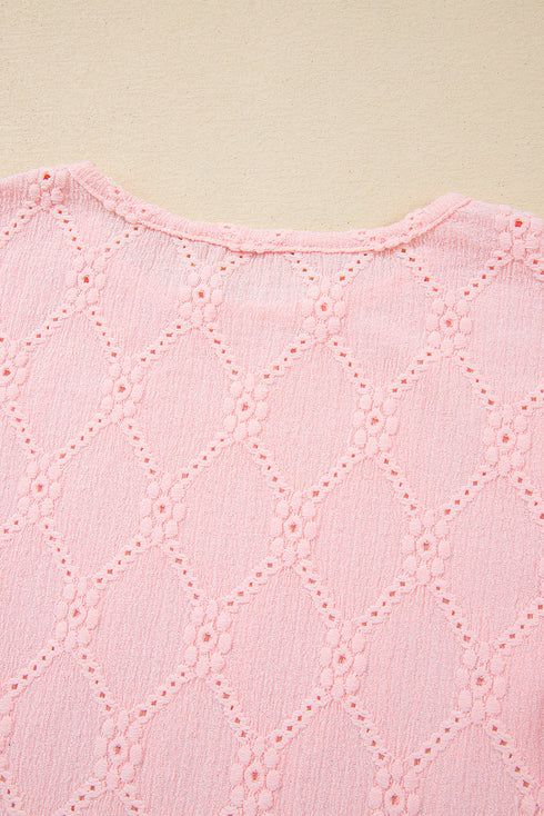 Diamond Texture Eyelet Button Cuff Sleeve Top