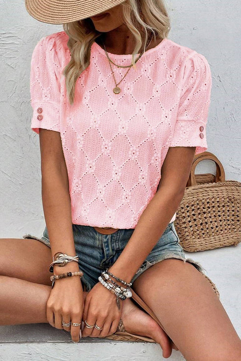 Diamond Texture Eyelet Button Cuff Sleeve Top