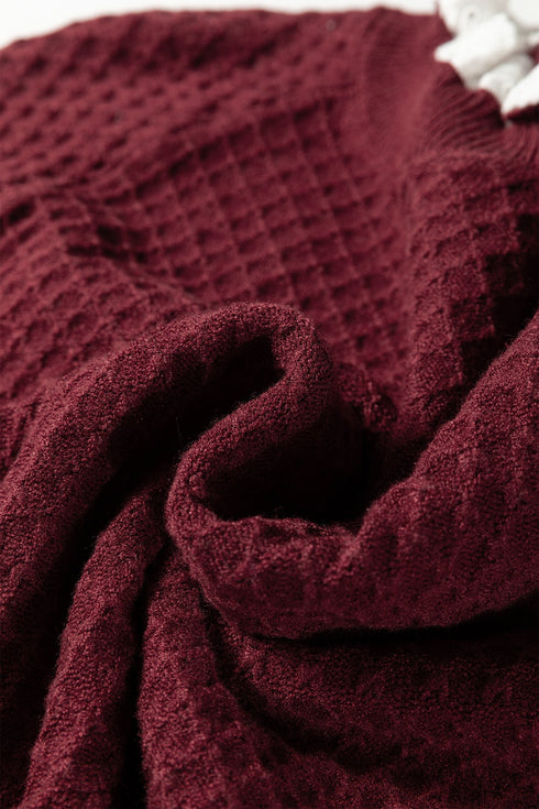 Diamond Textured Mock Neck Lace Trim Knit Sweater