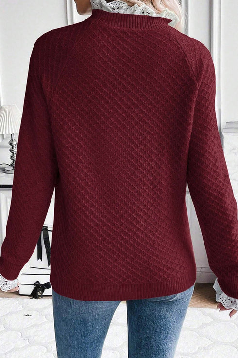 Diamond Textured Mock Neck Lace Trim Knit Sweater