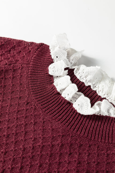 Diamond Textured Mock Neck Lace Trim Knit Sweater