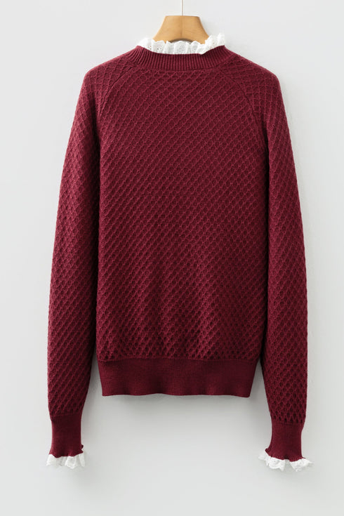 Diamond Textured Mock Neck Lace Trim Knit Sweater