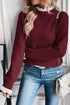 Diamond Textured Mock Neck Lace Trim Knit Sweater