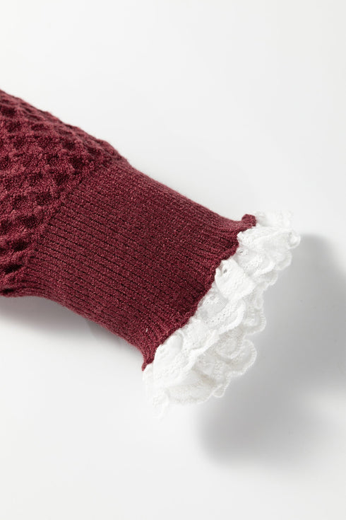 Diamond Textured Mock Neck Lace Trim Knit Sweater