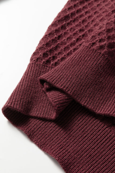 Diamond Textured Mock Neck Lace Trim Knit Sweater