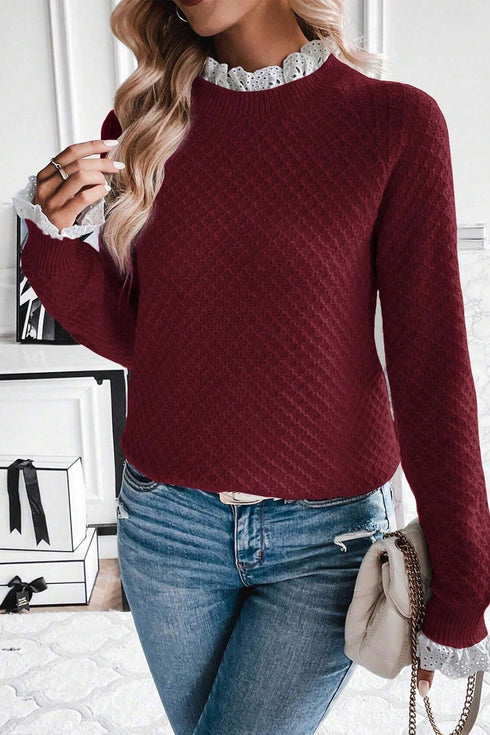 Diamond Textured Mock Neck Lace Trim Knit Sweater