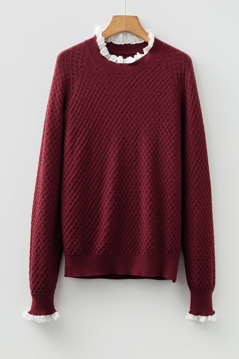 Diamond Textured Mock Neck Lace Trim Knit Sweater