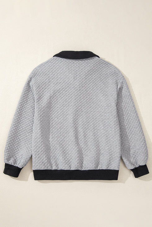 Diamond Textured Quilted Button Neck Collared Pullover