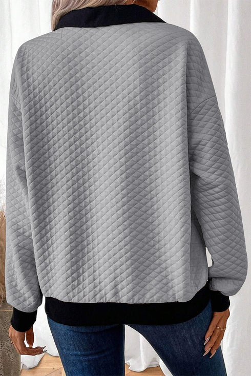 Diamond Textured Quilted Button Neck Collared Pullover