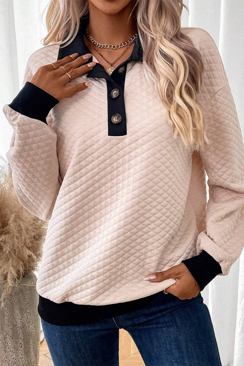 Diamond Textured Quilted Button Neck Collared Pullover