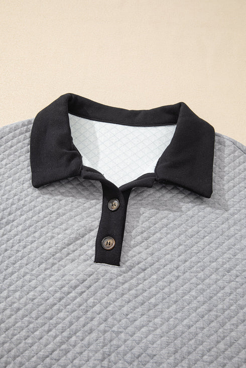 Diamond Textured Quilted Button Neck Collared Pullover