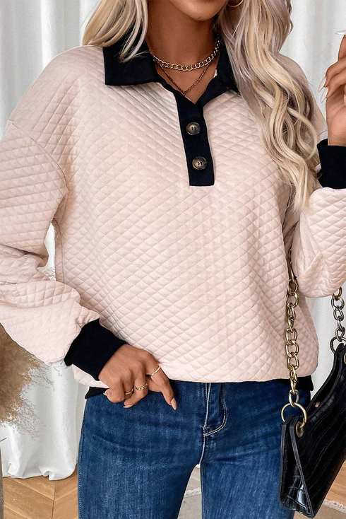 Diamond Textured Quilted Button Neck Collared Pullover