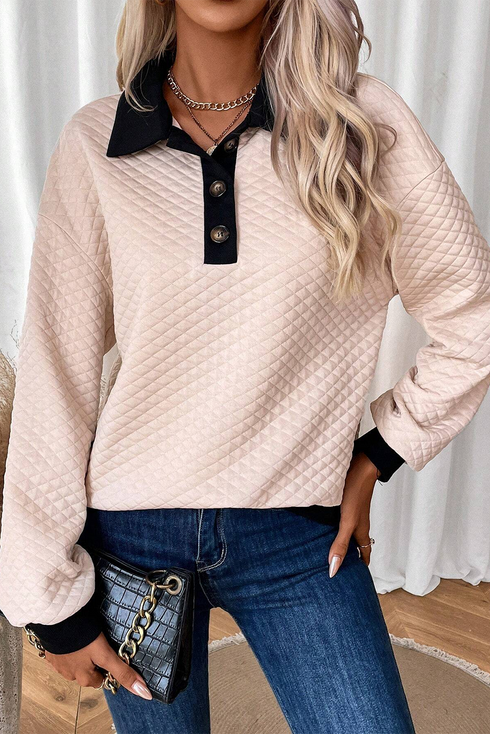 Diamond Textured Quilted Button Neck Collared Pullover