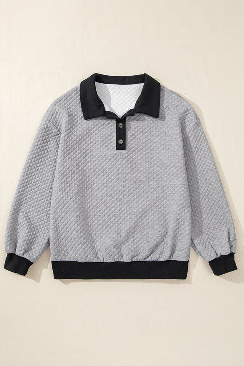 Diamond Textured Quilted Button Neck Collared Pullover