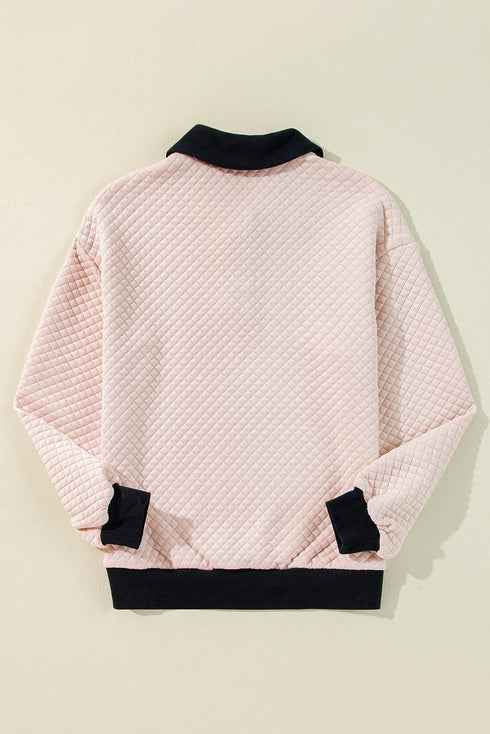 Diamond Textured Quilted Button Neck Collared Pullover