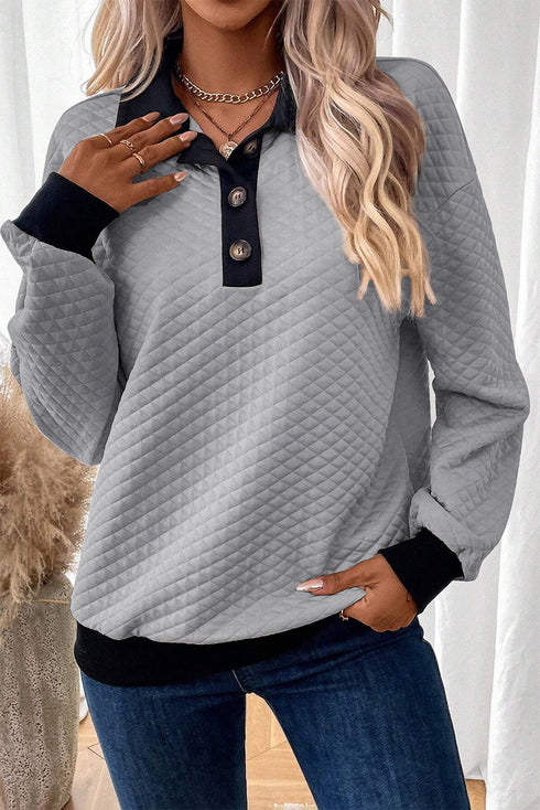 Diamond Textured Quilted Button Neck Collared Pullover